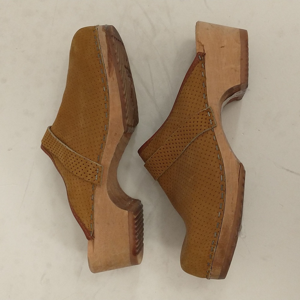 Vintage Swedish Leather & Wood Clogs Olaf Daughter Sweden Carmel Color 80s - Picture 3 of 11